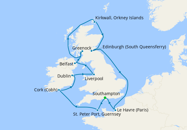 British Isles with Orkney Islands from Southampton