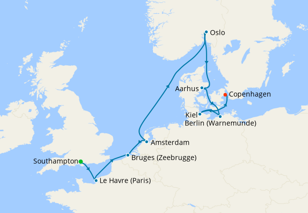 France, Germany & Norway to Copenhagen from Southampton