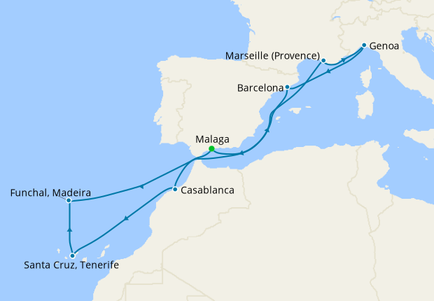 Spain, France, Italy, Morocco & Portugal from Malaga