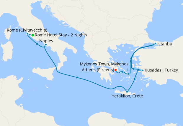 Mediterranean with Greek Isles & Turkey from Rome with Stay