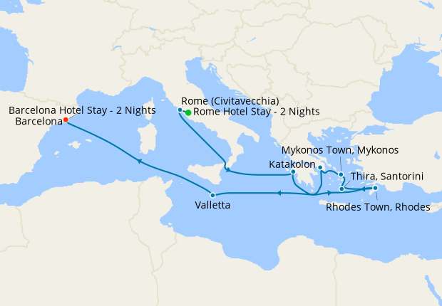 Greek Isles and Malta with Rome & Barcelona Stays