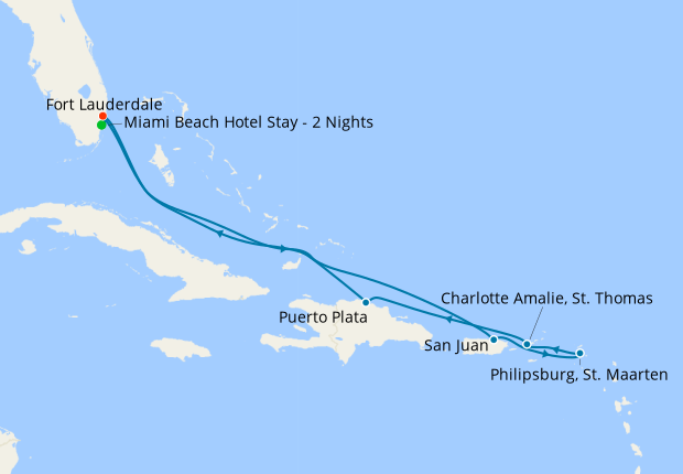 San Juan, St. Maarten, St. Thomas & Puerto Plata from Ft. Lauderdale with Miami Beach Stay