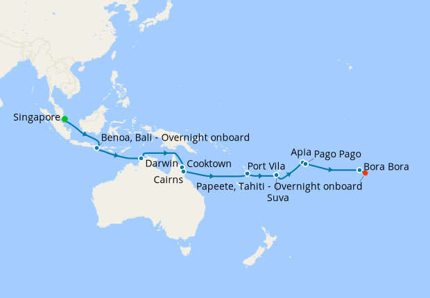 Tropics of Capricorn from Singapore to Papeete