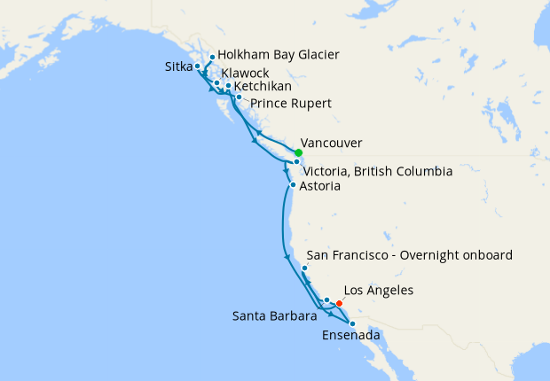 Pacific Coast Explorer - Itinerary - Los Angeles, California to Vancouver,  British Columbia