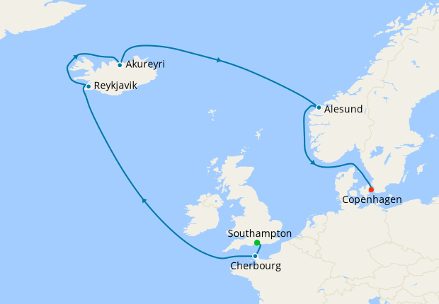 Iceland, Norway & France from Southampton to Copenhagen