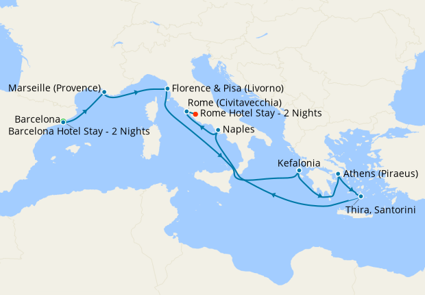 Mediterranean with Greek Isles from Barcelona to Rome with Stays
