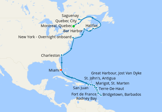 Atlantic Coast & Leeward Islands from Montreal to Miami