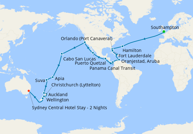 Caribbean, Panama Canal & Hawaii from Southampton to Sydney with Stay
