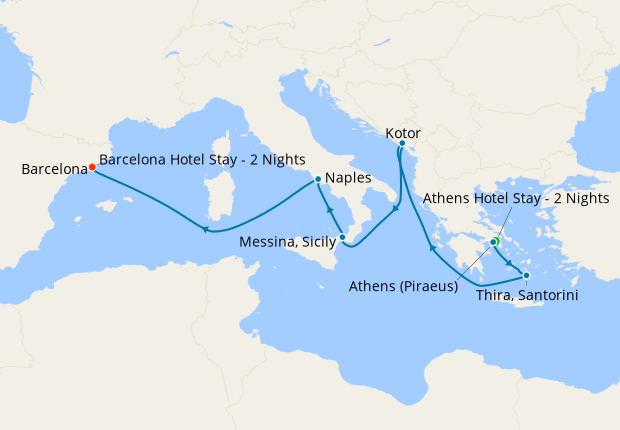 Mediterranean with Greek Isles & Italy with Athens and Barcelona Stays