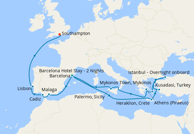 Mediterranean & Greek Isles from Barcelona to Southampton with Stay
