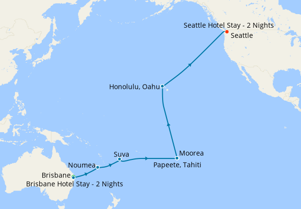 Brisbane, Fiji, Tahiti & Hawaii to Seattle with Stays
