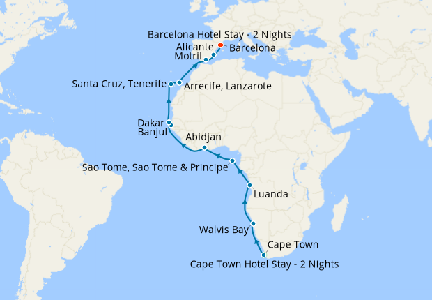 Cape Town, Namibia & Ivory Coast to Barcelona with Stays