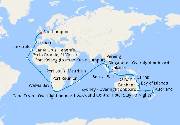 Auckland & Twilight Wine Tour,  Australia, Asia, Dubai & The Med to S'ton