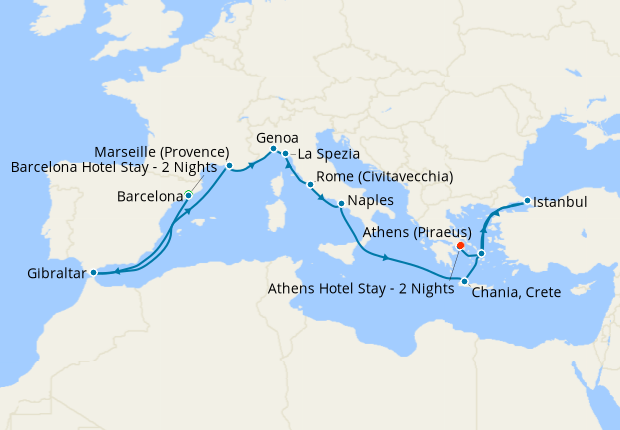Mediterranean, Greek Isles & Turkey with Barcelona and Athens Stays