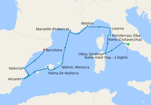 Mediterranean from Rome (Civitavecchia) to Barcelona with Stay