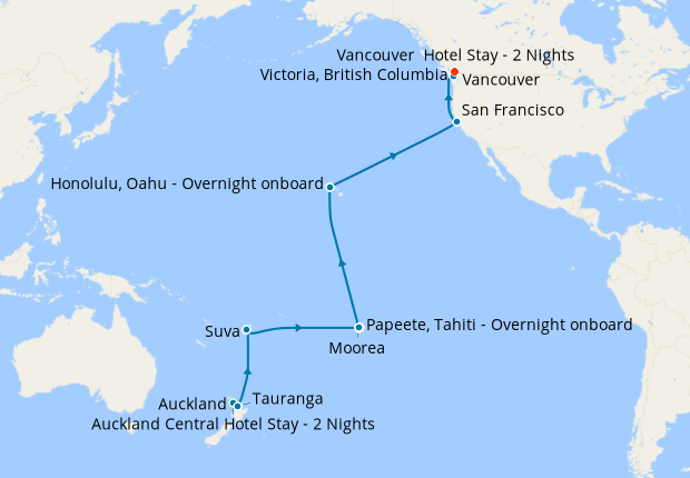 Hawaii, Tahiti & South Pacific Crossing from Auckland to Vancouver with Stays