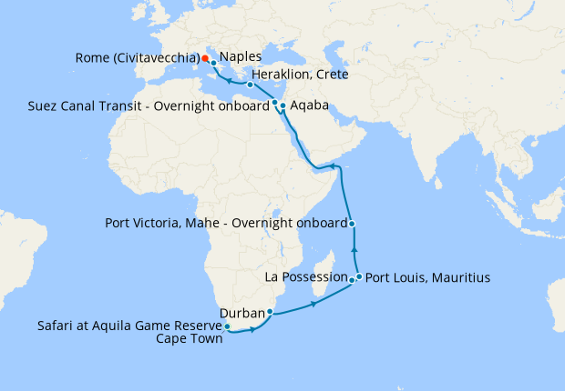 Cape Town Stay, Indian Ocean & Suez Canal to Rome