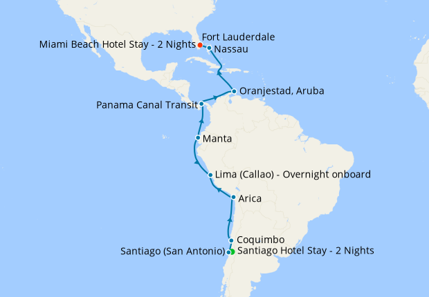 South America, Panama Canal & Caribbean with Santiago and Miami Beach Stays