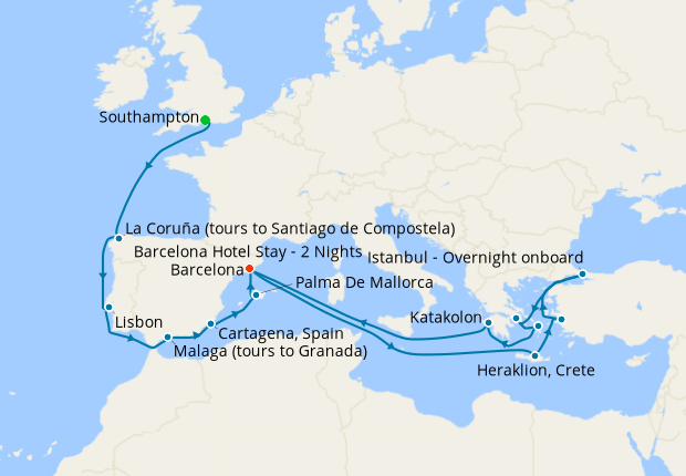 Mediterranean & Greek Islands from Southampton to Barcelona with Stay ...