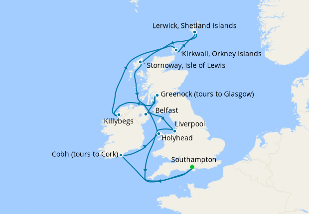 British Isles from Southampton, 25 May 2026  16 Nt  Arcadia  25 May 