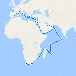 Indian Ocean Odyssey fr. Cape Town to Barcelona with Stays