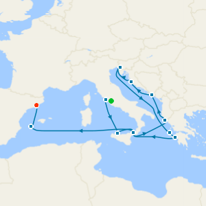 Mediterranean, Greek Islands & Adriatic from Civitavecchia with Rome and Barcelona Stays