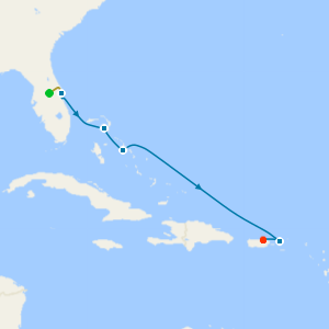 Very Merrytime Eastern Caribbean Cruise from Port Canaveral to San Juan with 7nt Stay and Car Hire