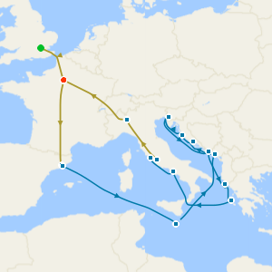 No-Fly Swiss Alps, Bernina Red Train & Mediterranean Explorer Cruise with Barcelona, Paris, Milan and Rome Stays